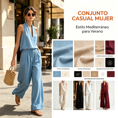 30%OFF【S-5XL】💥Conjunto casual para mujer, top con cuello en V + pantalón de pierna ancha