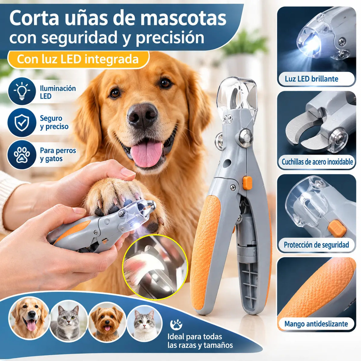 🐱🐶 Cortaúñas para mascotas con luz LED para gatos y perros