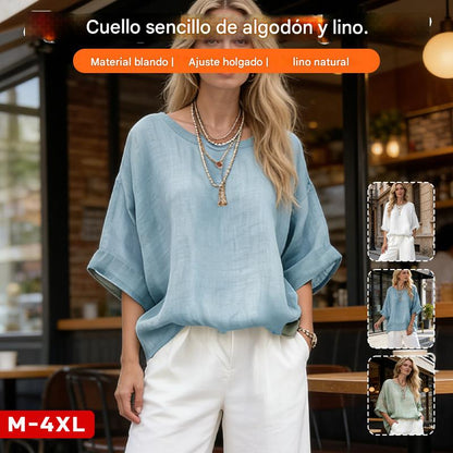 🔥🌸【45-100 kg】Camisa de cuello redondo de color liso, holgada, talla grande