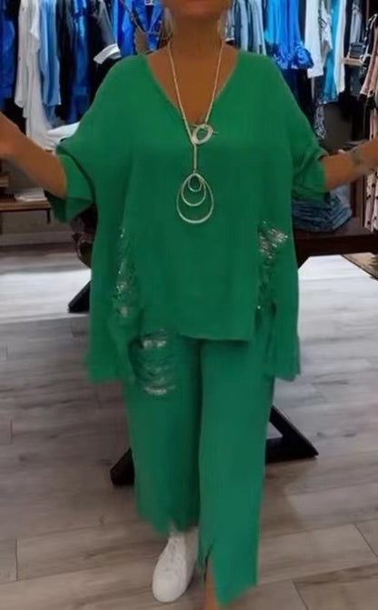 【Pantalones + Top】2026 Traje de dos piezas de lino y algodón con cuello en V para mujer