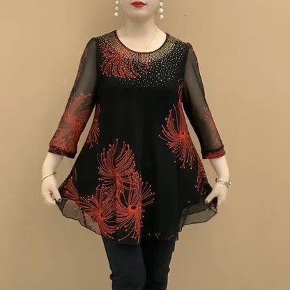 【M-4XL】Camisa de gasa bordada con flores para mujer, a la moda, 2026