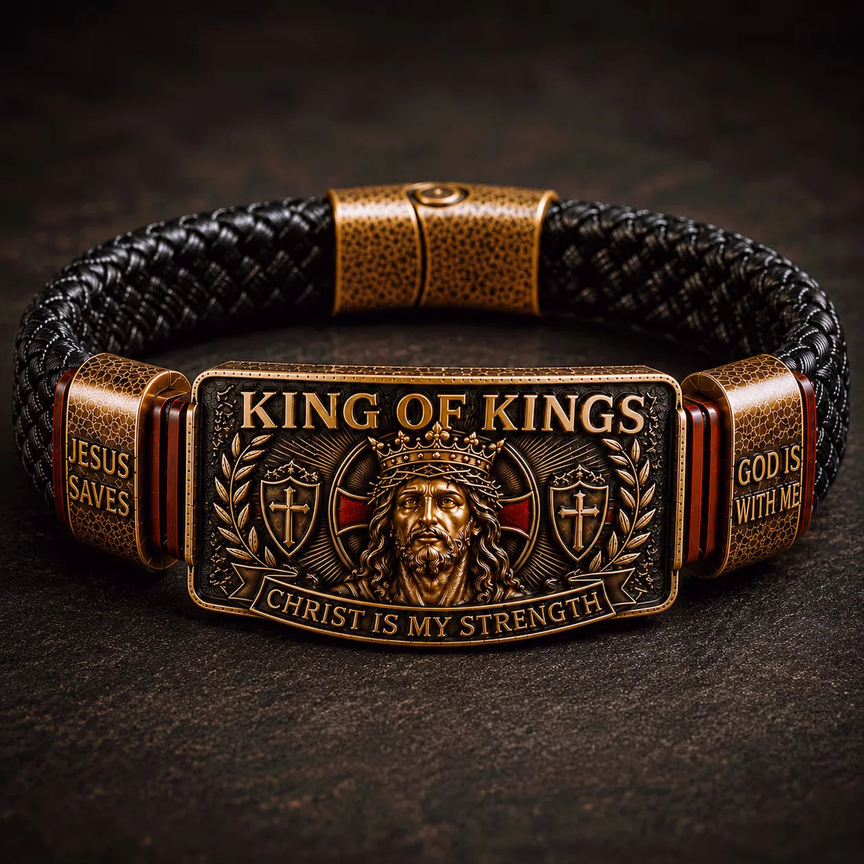 Pulsera cristiana ajustable para hombre, de cuero trenzado con mensaje religioso sobre Jesús; joya de estilo retro y vintage, ideal como regalo conmemorativo.