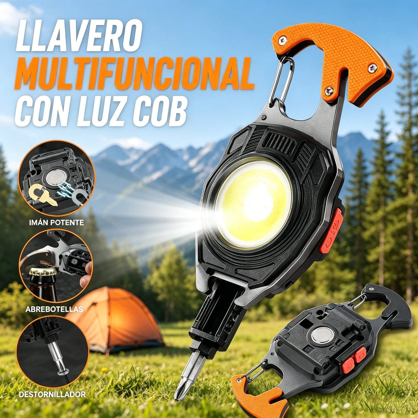 🌞🛡️Llavero multifuncional 6 en 1 para exteriores con luz potente y función de encendido de fuego.