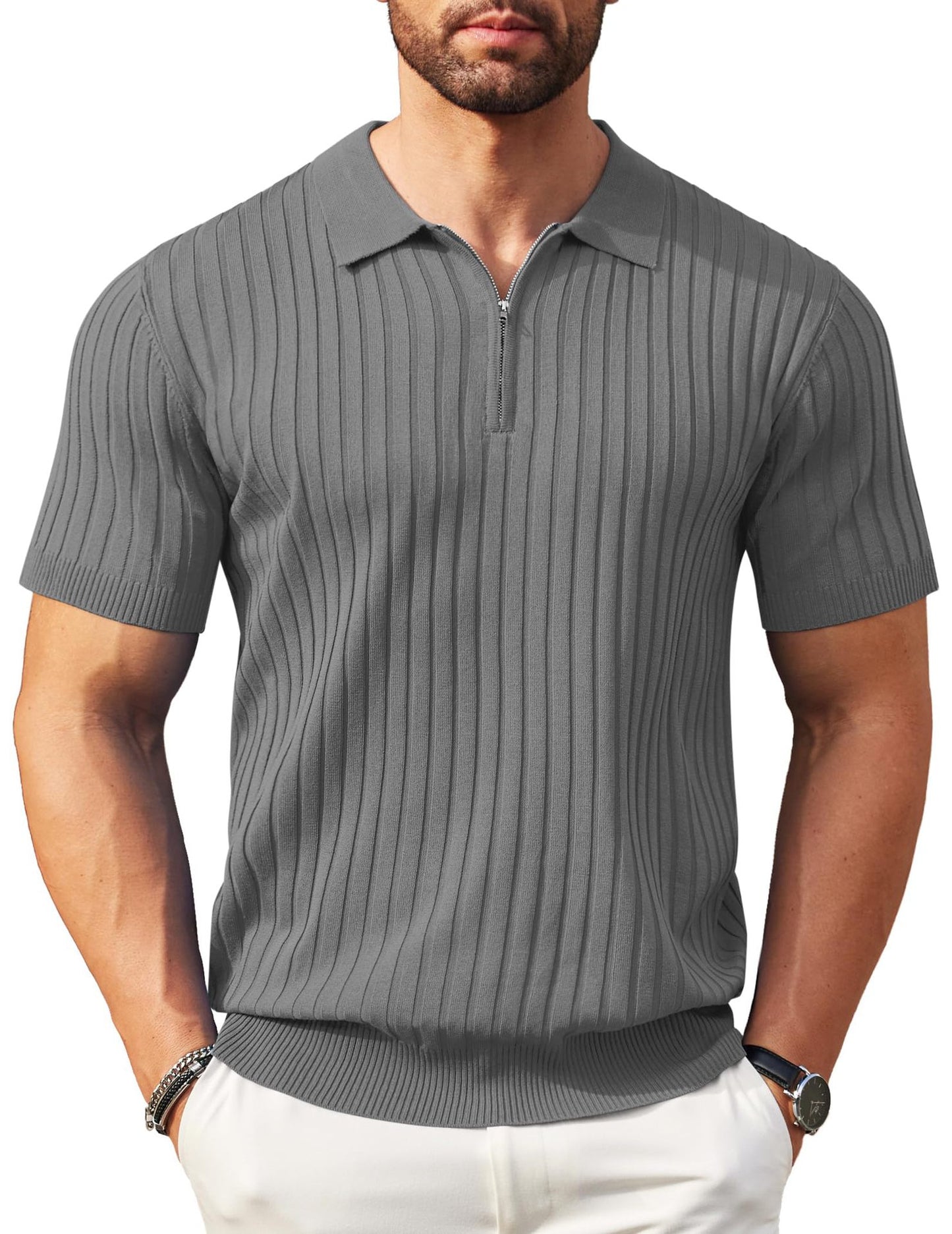 50%OFF👔Camisa de punto acanalado para hombre con cierre de cremallera y mangas cortas.