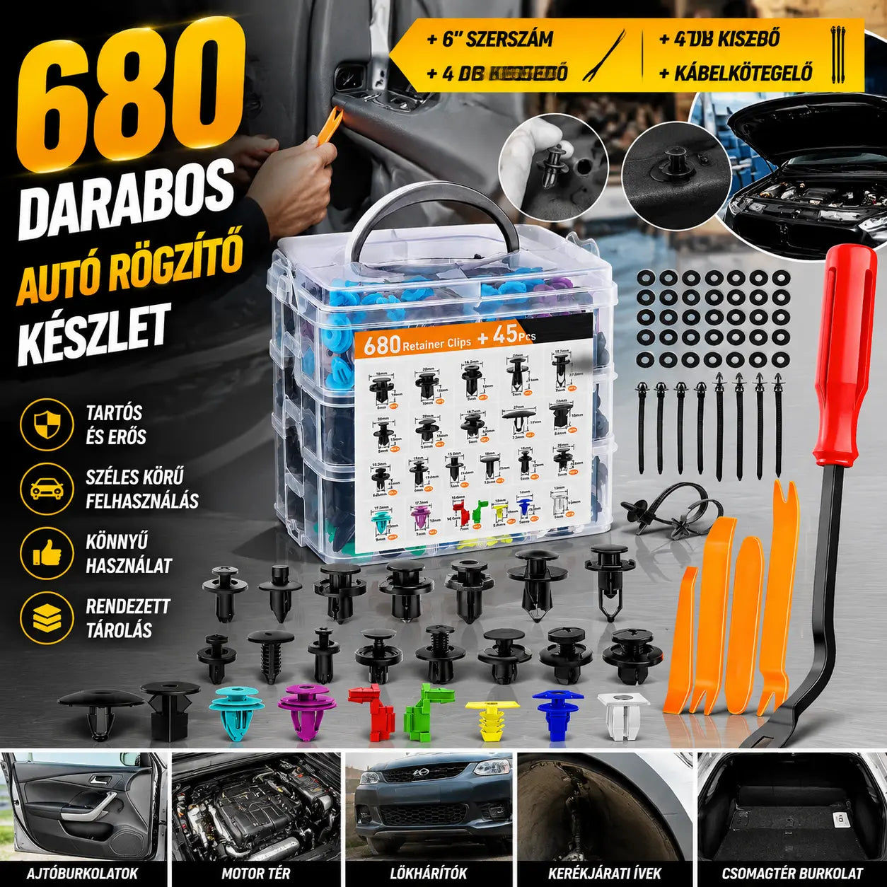 🔥🔥【680 piezas + herramientas de 6 pulgadas + juego de cuatro piezas + almohadilla de esponja + brida】🧰🛠️Juego de hebillas de plástico para tornillos de expansión automotrices