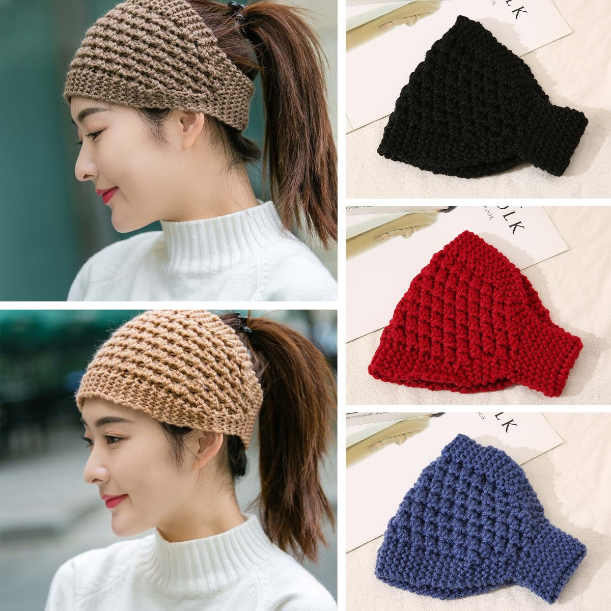 【Juego de 5 piezas】Diadema elástica ancha de lana cálida tejida a mano para otoño e invierno, adecuada para yoga y correr