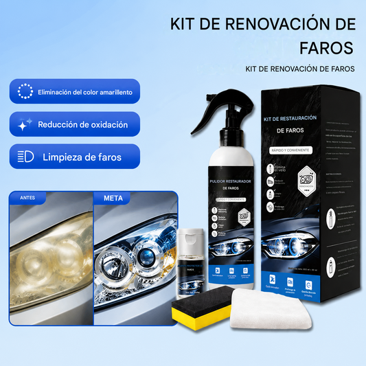 Kit de restauración de faros de coche: productos para limpieza, eliminación de manchas, brillo y cuidado.