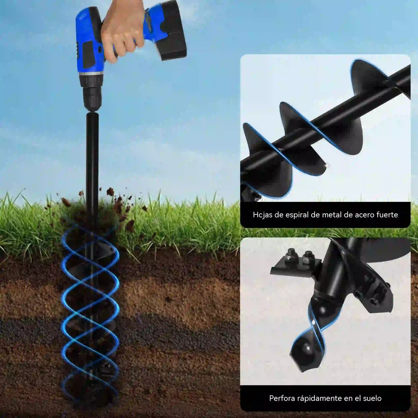 【22-45cm】Barrena de acero al carbono, utilizada para perforar tierra y hielo en árboles, plántulas y en horticultura.