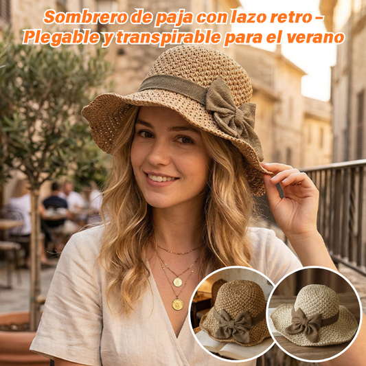 👒🎀Sombrero de paja con lazo retro – Plegable y transpirable para el verano