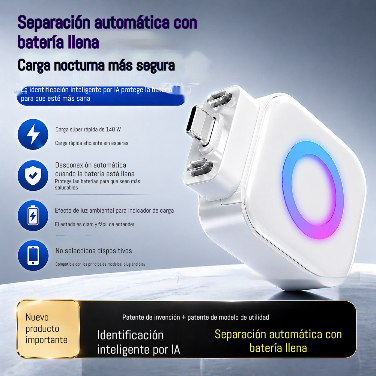 🔌 ⚡Cable de carga rápida con apagado automático y protección contra sobrecarga mediante reconocimiento de IA., compatible con dispositivos Apple.