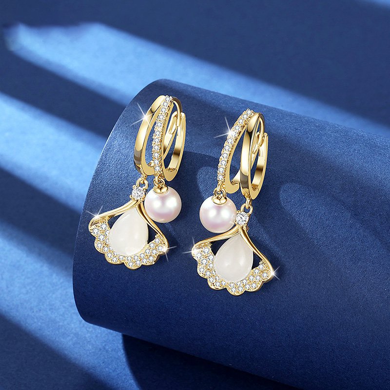 【2 pares 26 euros】Pendientes elegantes con piedras preciosas de ojo de gato y diseño de hoja de ginkgo