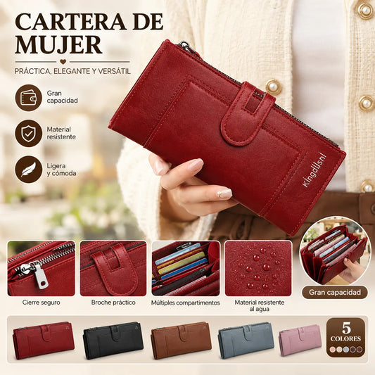 Cartera de mujer con doble cremallera y ranuras para múltiples tarjetas, de cuero genuino retro