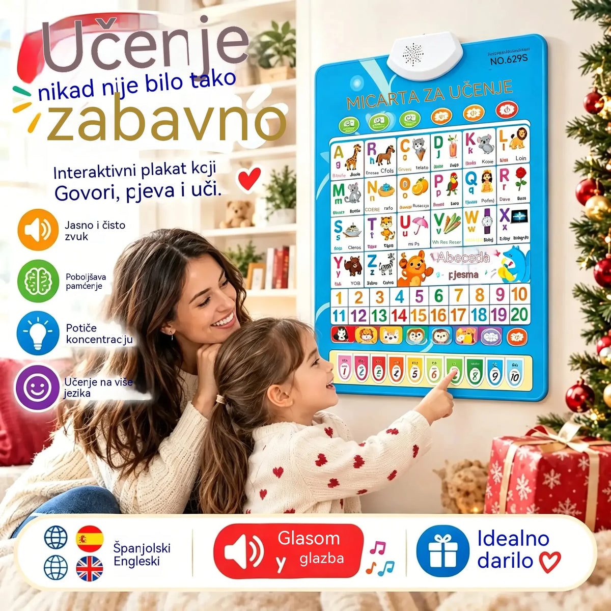 🔊 Edukativni zidni poster koji govori | Glasovi slova (26/27 slova) | Luksuzni poklon-set za djecu 🎁