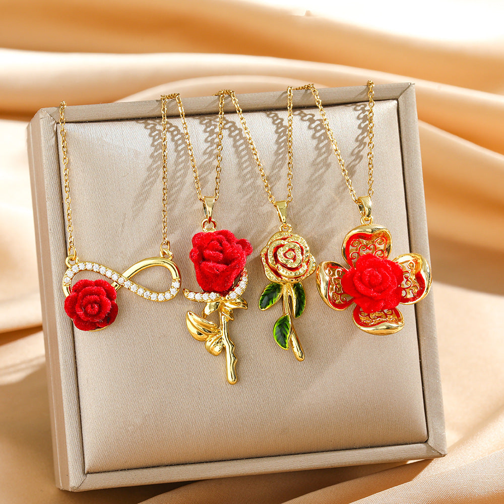 😍【Juego de 4 piezas】Solo 27 euros💎Collar de alta gama para mujer, moderno y versátil, de acero de titanio con diseño de rosa roja.