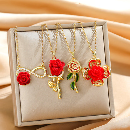 😍【Juego de 4 piezas】Solo 27 euros💎Collar de alta gama para mujer, moderno y versátil, de acero de titanio con diseño de rosa roja.