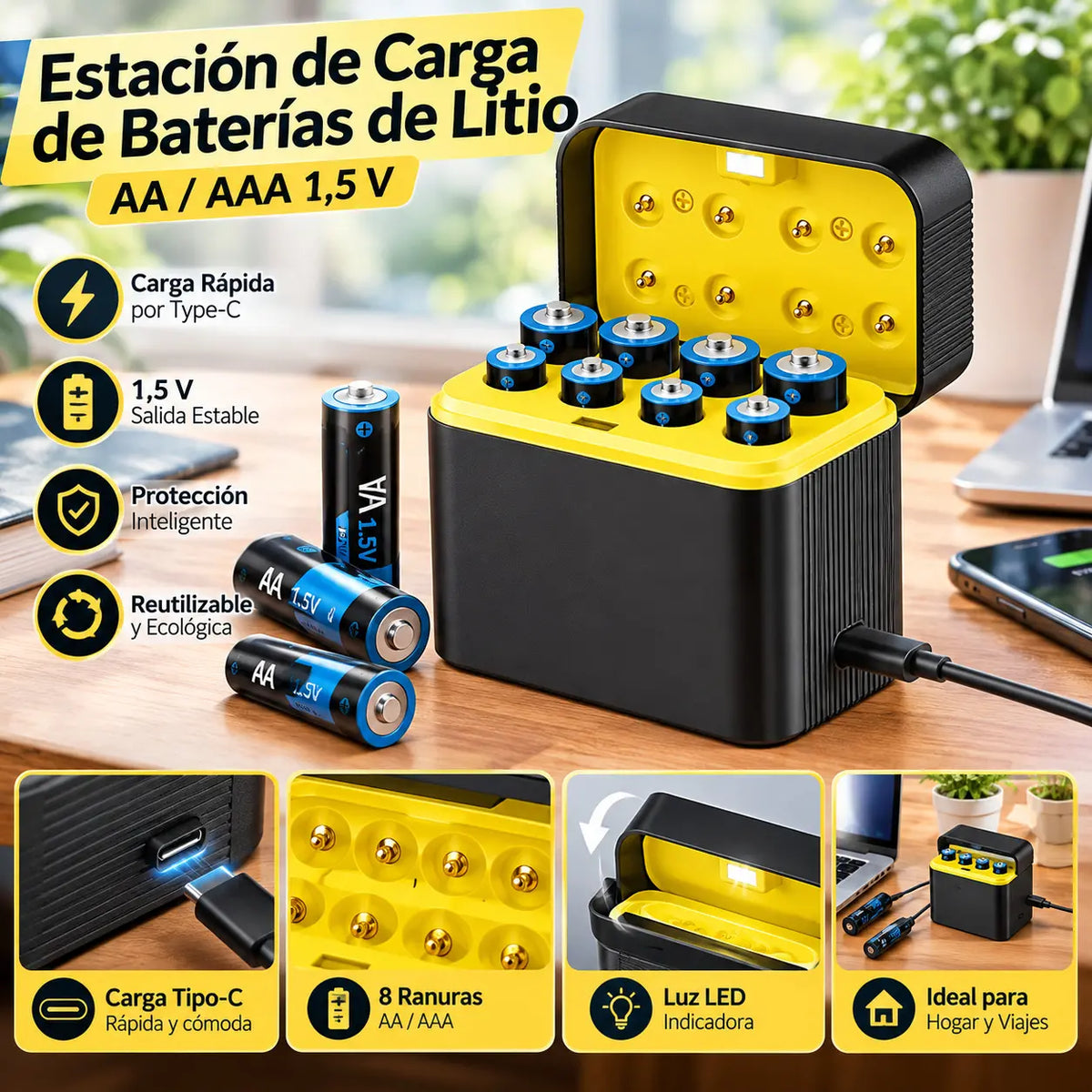 Estuche de carga para baterías de litio AA/AAA, carga por USB tipo C, protecciones múltiples, baterías recargables ecológicas.