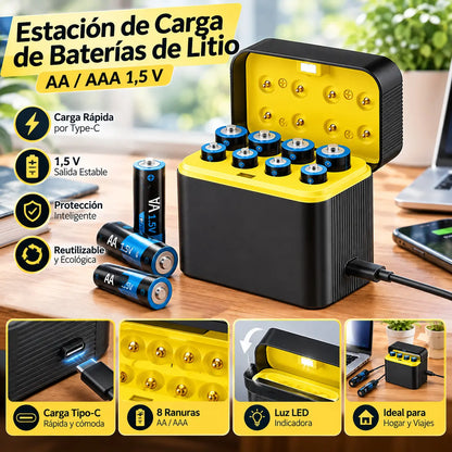 Estuche de carga para baterías de litio AA/AAA, carga por USB tipo C, protecciones múltiples, baterías recargables ecológicas.