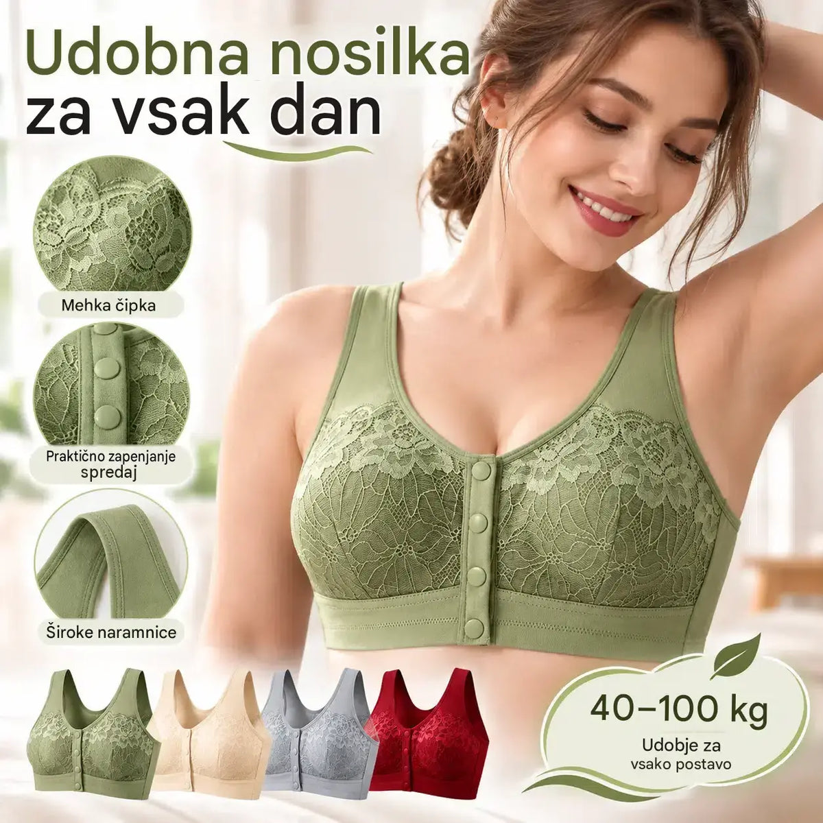 【Komplet 3 kosov】【40–100 kg】Ženski čipkasti nedrček brez kosti z udobnim zapenjanjem spredaj