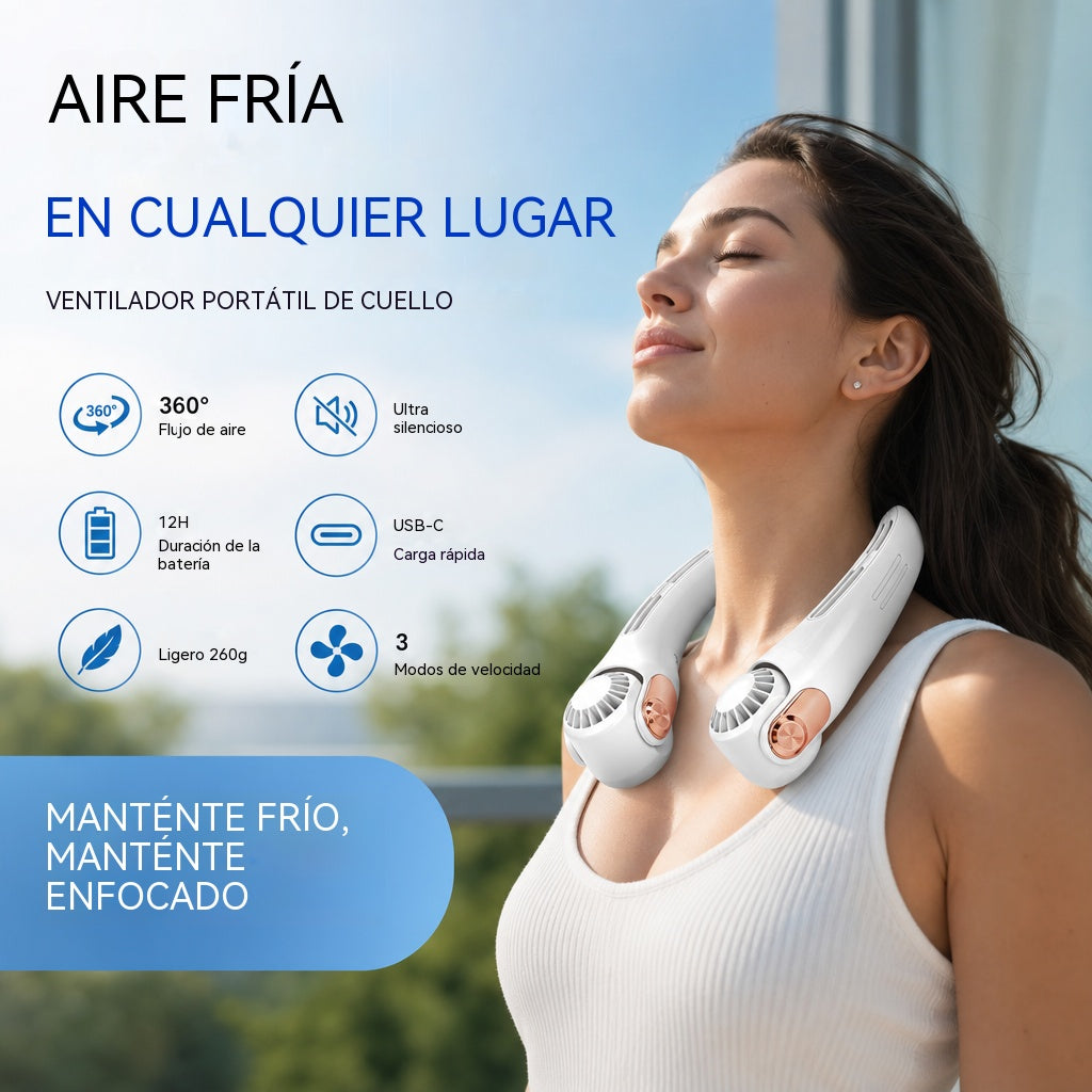 🍃 Ventilador de cuello tipo aire acondicionado: ultrasilencioso, con rotación de 360° y 3 velocidades. Refrigeración manos libres y batería de larga duración. ¡Imprescindible para el verano!