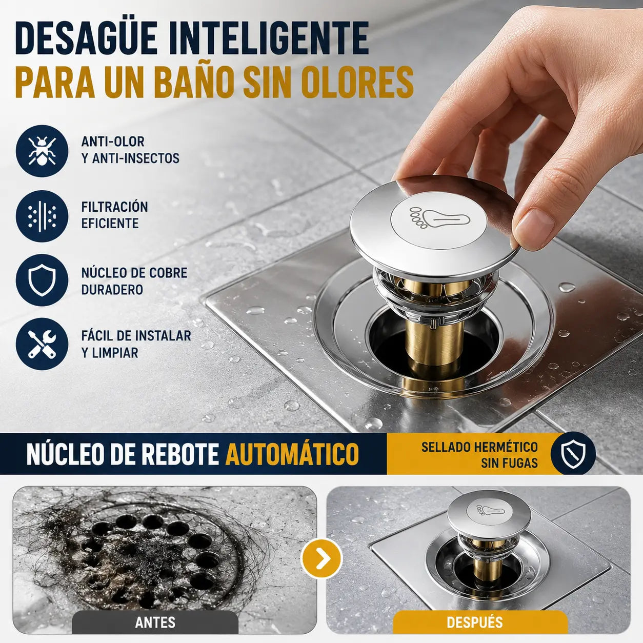 🏠🧰🔥【Compra 1 y llévate 2 gratis】Cubierta de sellado con núcleo de rebote antiolor para desagüe de piso de baño, tipo universal accionado con pie a presión.