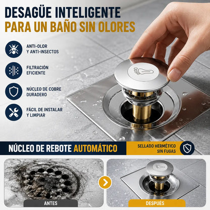 🏠🧰🔥【Compra 1 y llévate 2 gratis】Cubierta de sellado con núcleo de rebote antiolor para desagüe de piso de baño, tipo universal accionado con pie a presión.