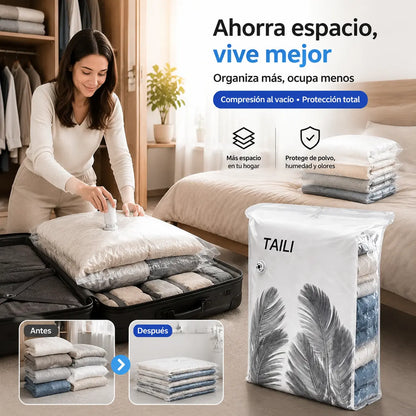 【56*80cm】【Juego de 5 piezas】 Bolsa de almacenamiento al vacío grande y compresible: no requiere bomba, es a prueba de fugas e ideal para ahorrar espacio en maletas y en casa