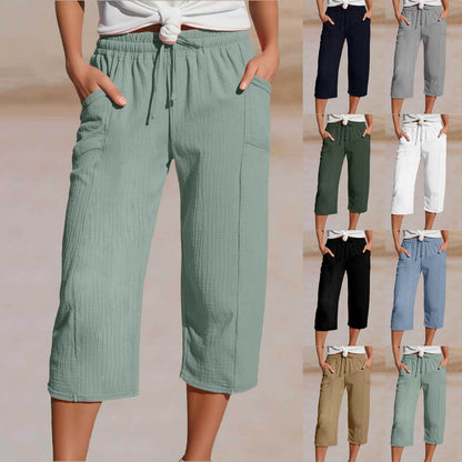🌸【S-3XL】Pantalones capri plisados de algodón y lino de color liso