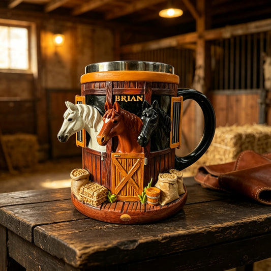 Taza de café 3D con temática de granja y establo, taza de acero inoxidable con relieve tridimensional, regalo ideal para amantes de los caballos.