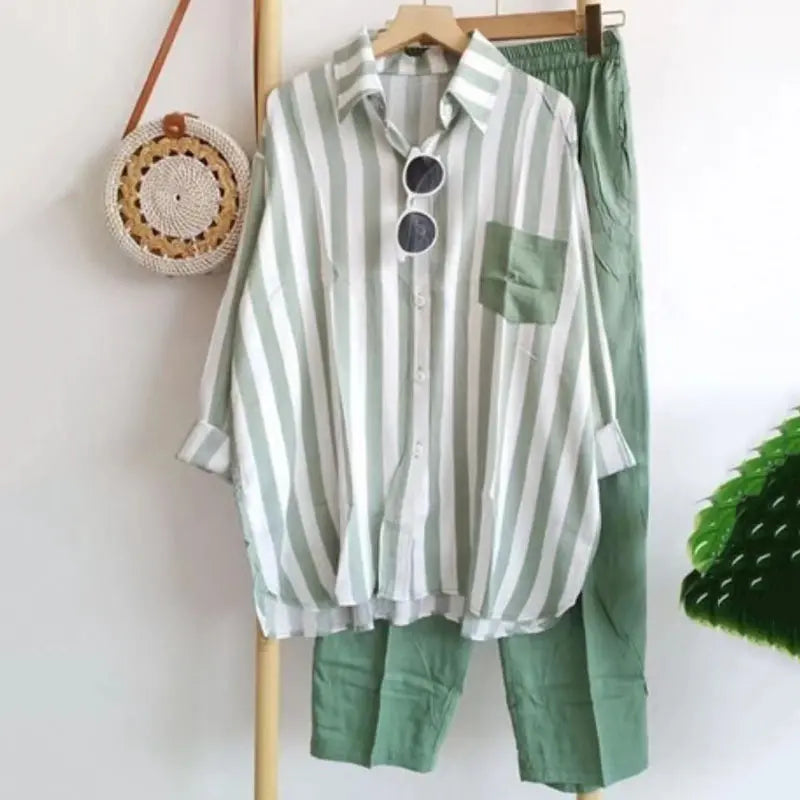 【S-5XL】Nueva conjunto de primavera a rayas, conjunto de dos piezas con mangas largas y pantalones.【Pantalones + Camisa】