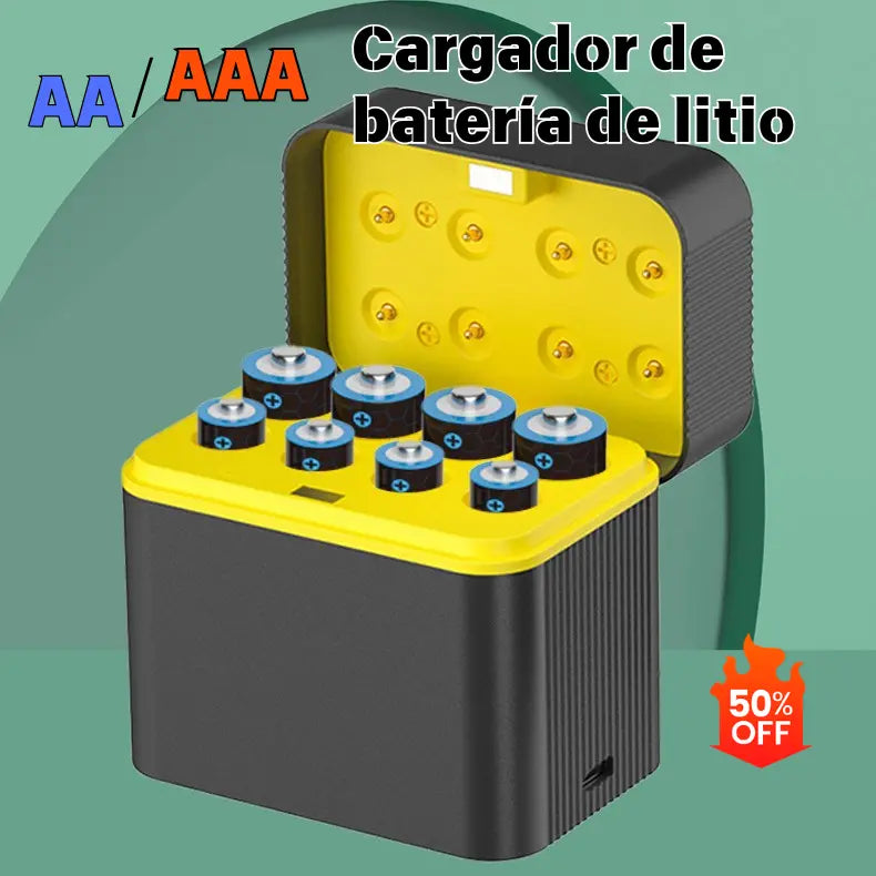 Estuche de carga para baterías de litio AA/AAA, carga por USB tipo C, protecciones múltiples, baterías recargables ecológicas.