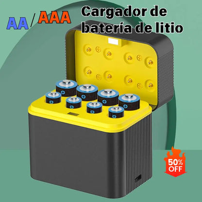 Estuche de carga para baterías de litio AA/AAA, carga por USB tipo C, protecciones múltiples, baterías recargables ecológicas.