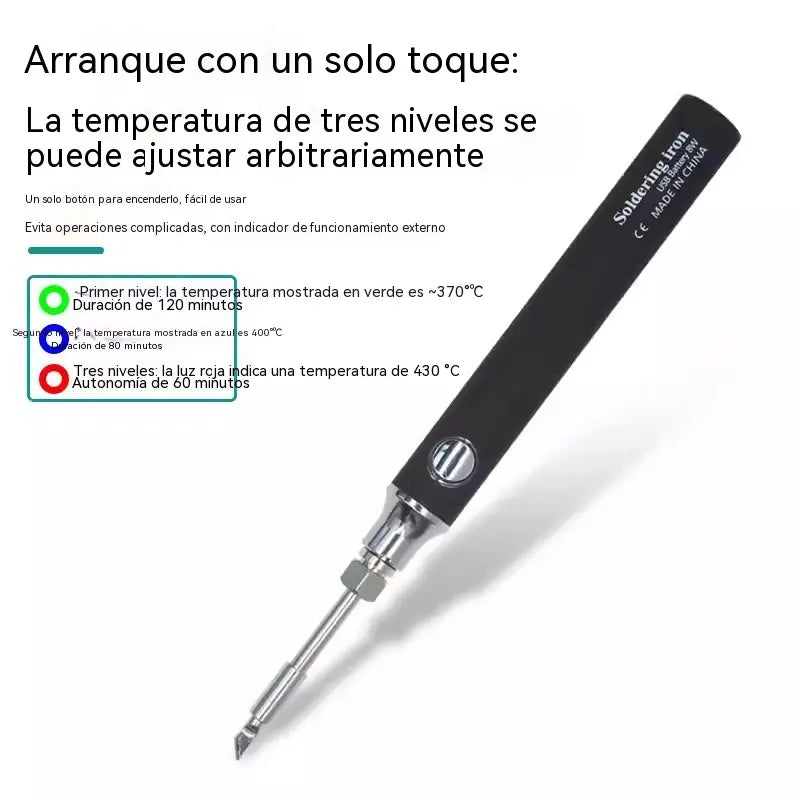 Soldador USB inalámbrico con pantalla digital, temperatura ajustable, calentamiento rápido e indicador de encendido; una herramienta electrónica para reparaciones.