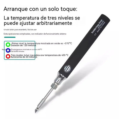 Soldador USB inalámbrico con pantalla digital, temperatura ajustable, calentamiento rápido e indicador de encendido; una herramienta electrónica para reparaciones.