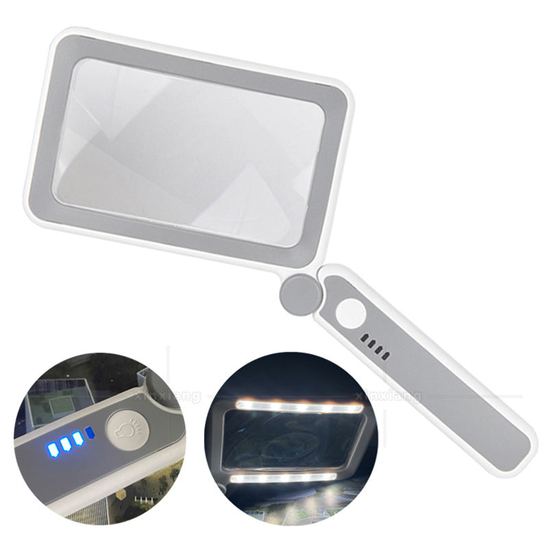 💡Lupa cuadrada plegable de mano con 10 luces LED, interruptor táctil recargable y selector de tres posiciones para lectura y apreciación.