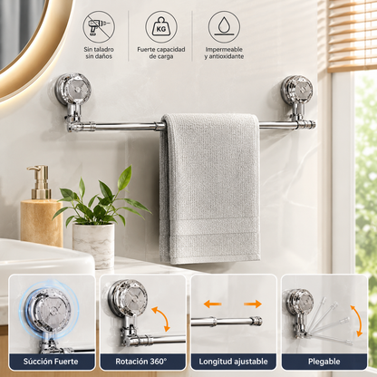 🚿✨ Barra de toalla con ventosa ajustable: no requiere perforar, no daña y tiene un agarre cómodo.