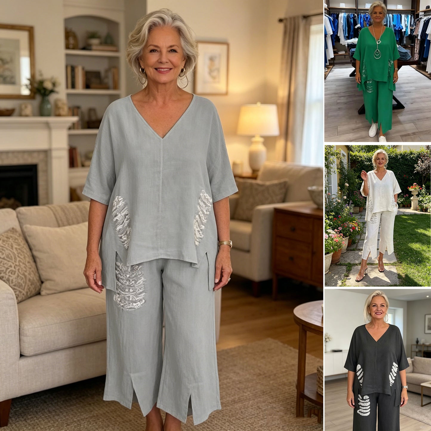 【Pantalones + Top】2026 Traje de dos piezas de lino y algodón con cuello en V para mujer