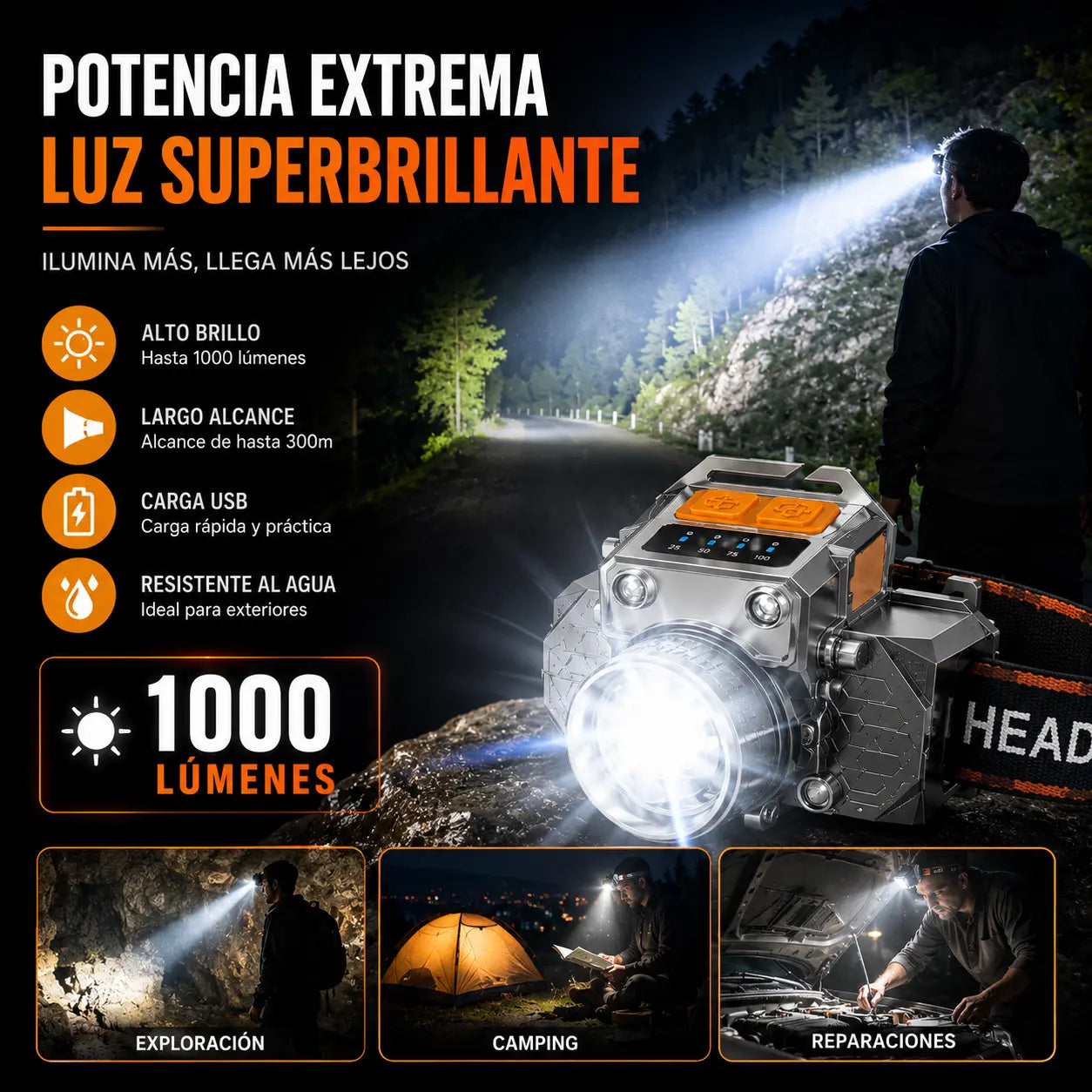 Linterna frontal LED ultrabrillante de largo alcance: zoom ajustable, carga USB y capacidad para cargar el teléfono.