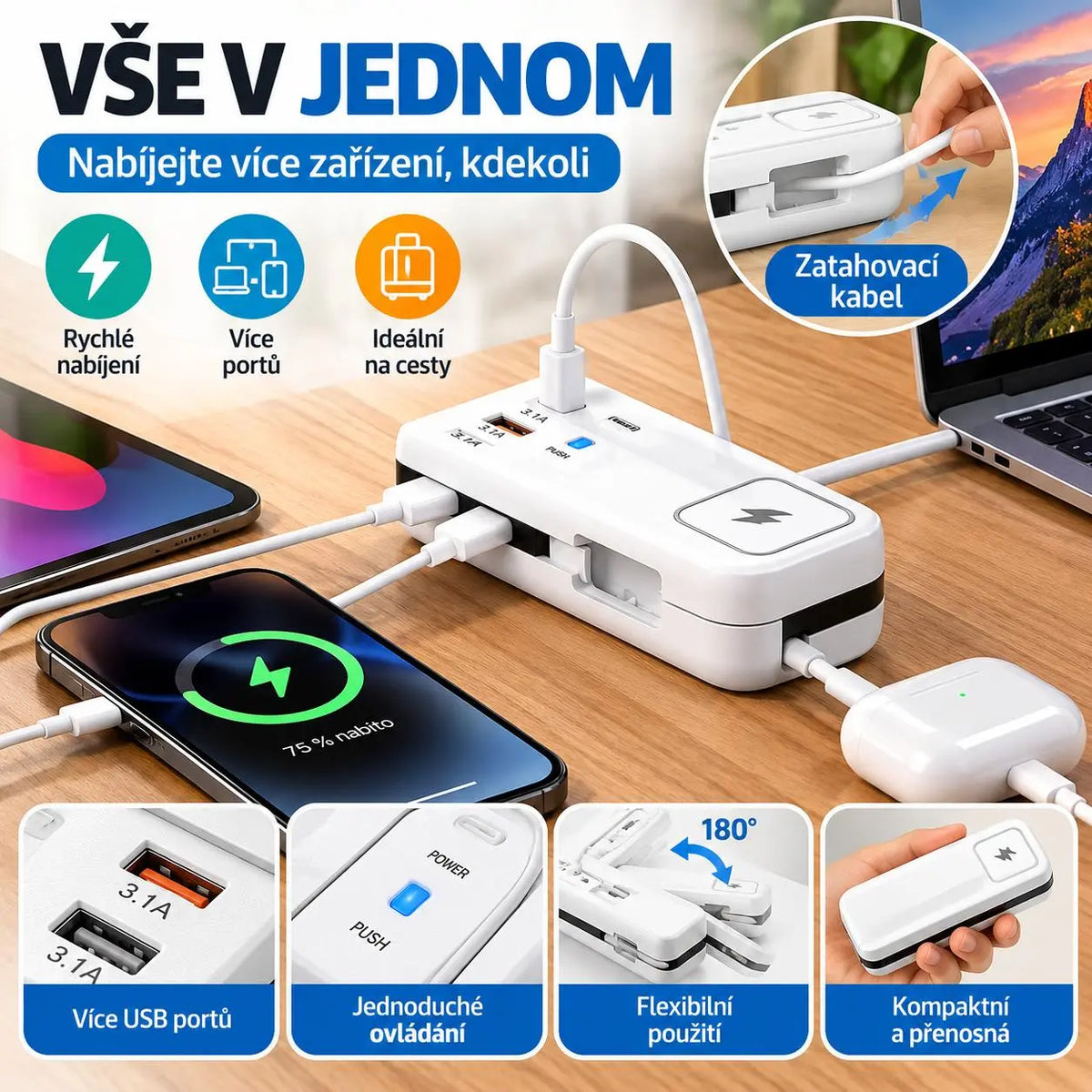 ⚡ USB prodlužovací kabel a přepěťová ochrana | Vánoční speciál se 50% slevou | 4-portový Smart Hub, 30minutové rychlé nabíjení a přepěťová ochrana | Udržujte svůj počítač a cestovní vybavení v pořádku 🎄✨