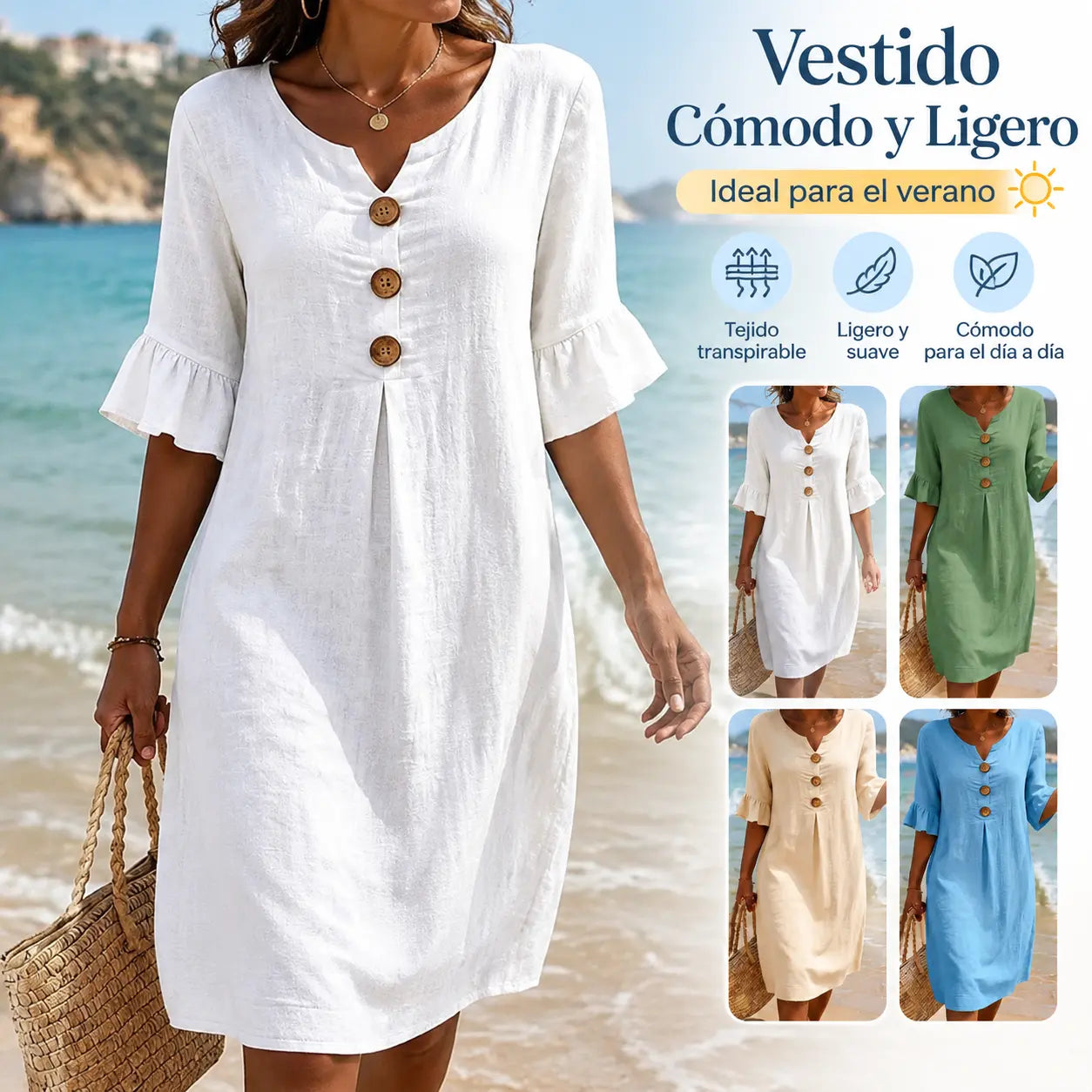 30% DE DESCUENTO 🔥【S-3XL】Vestido de mujer de algodón y lino con mangas abullonadas y botones