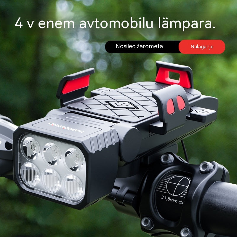 🚲💡Polnilni 4-v-1 zvočnik za gorsko kolo, luč in nosilec za telefon.