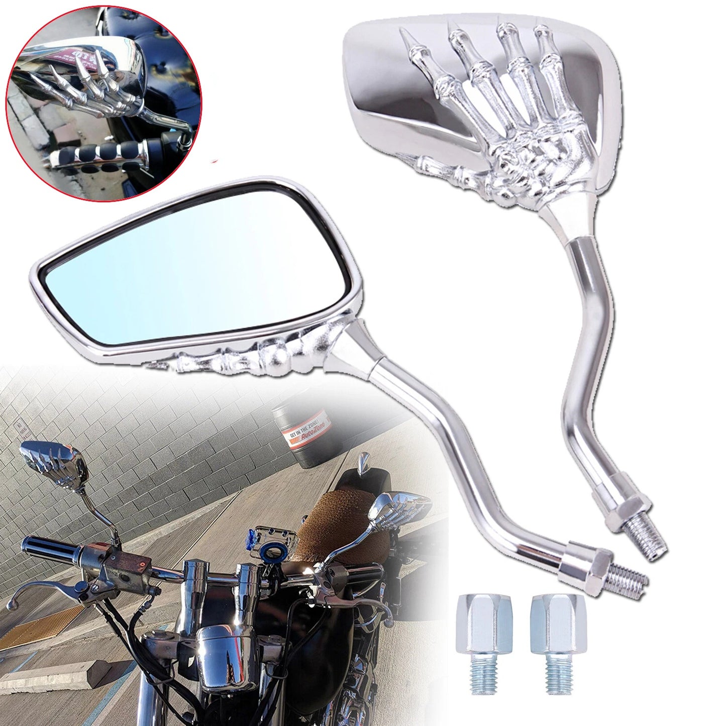 💀🏍️🔍【1 par】🔥Espejo retrovisor de motocicleta con mano fantasma galvanizada, accesorio de seguridad en la conducción, universal para motocicletas y vehículos eléctricos.