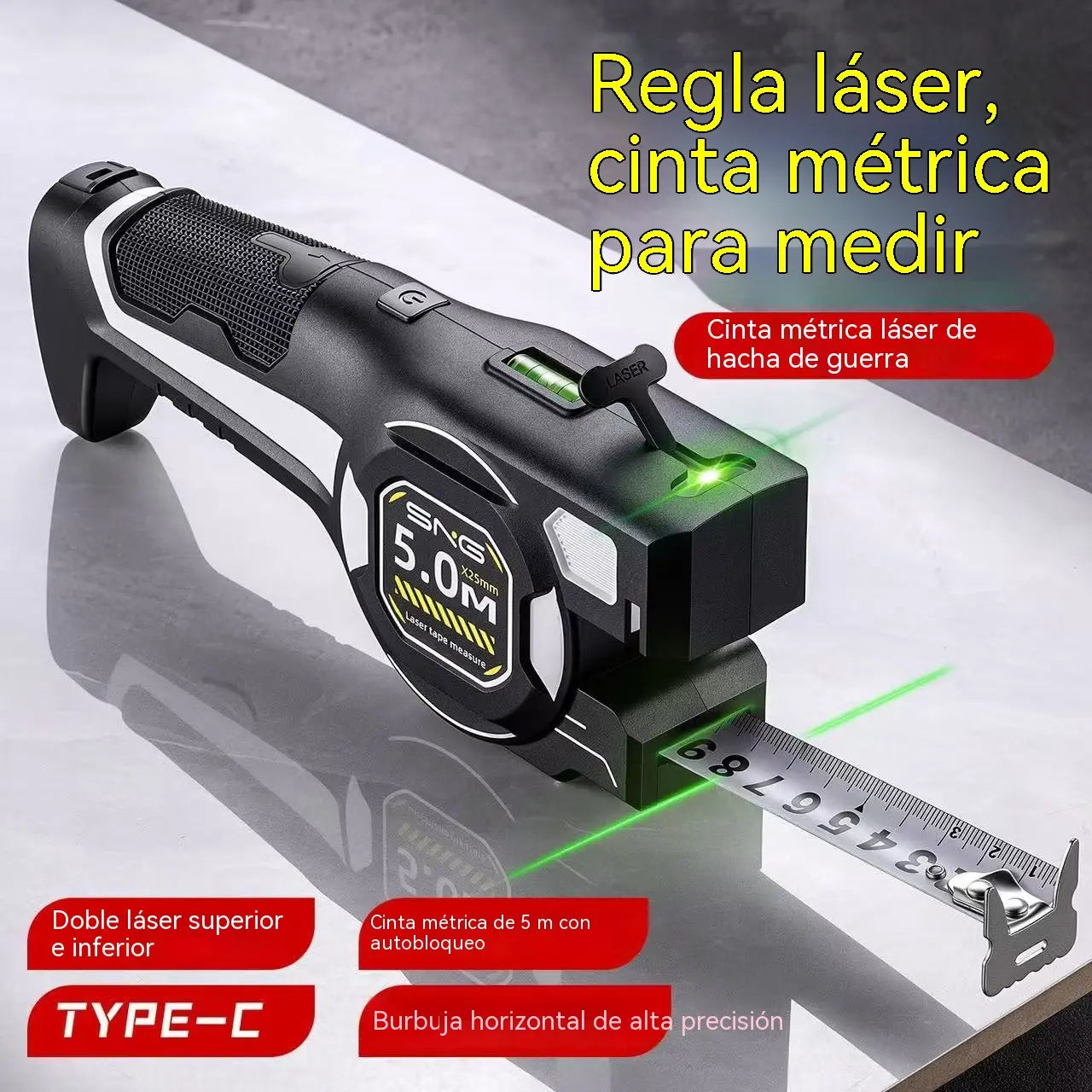 Cinta métrica láser de alta precisión 3 en 1 tipo tomahawk, cinta métrica de acero de 5 metros, nivel multifuncional.