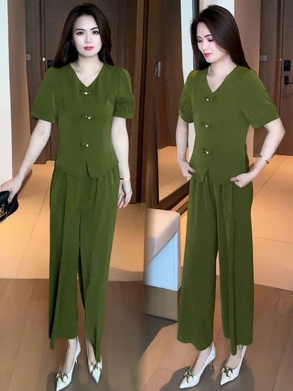 🌸【Top + Pantalones anchos】Conjunto casual de moda