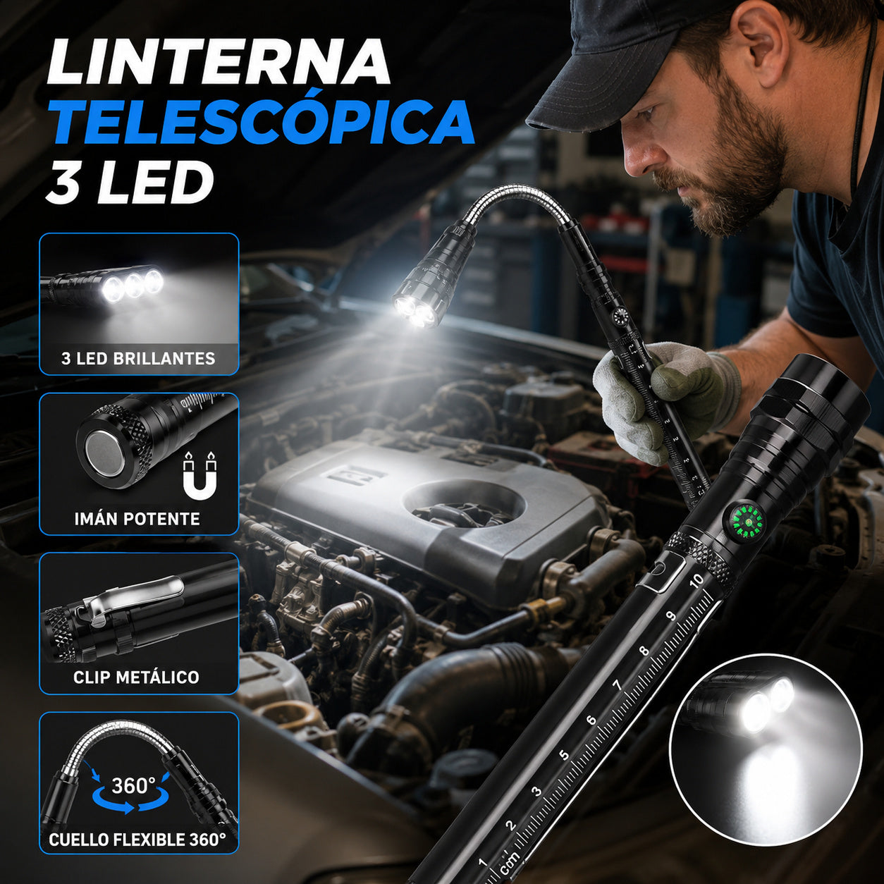 Linterna LED telescópica multifuncional: cuenta con base magnética, extensión de largo alcance e iluminación de alta intensidad.