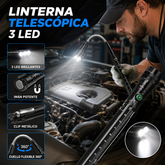 Linterna LED telescópica multifuncional: cuenta con base magnética, extensión de largo alcance e iluminación de alta intensidad.