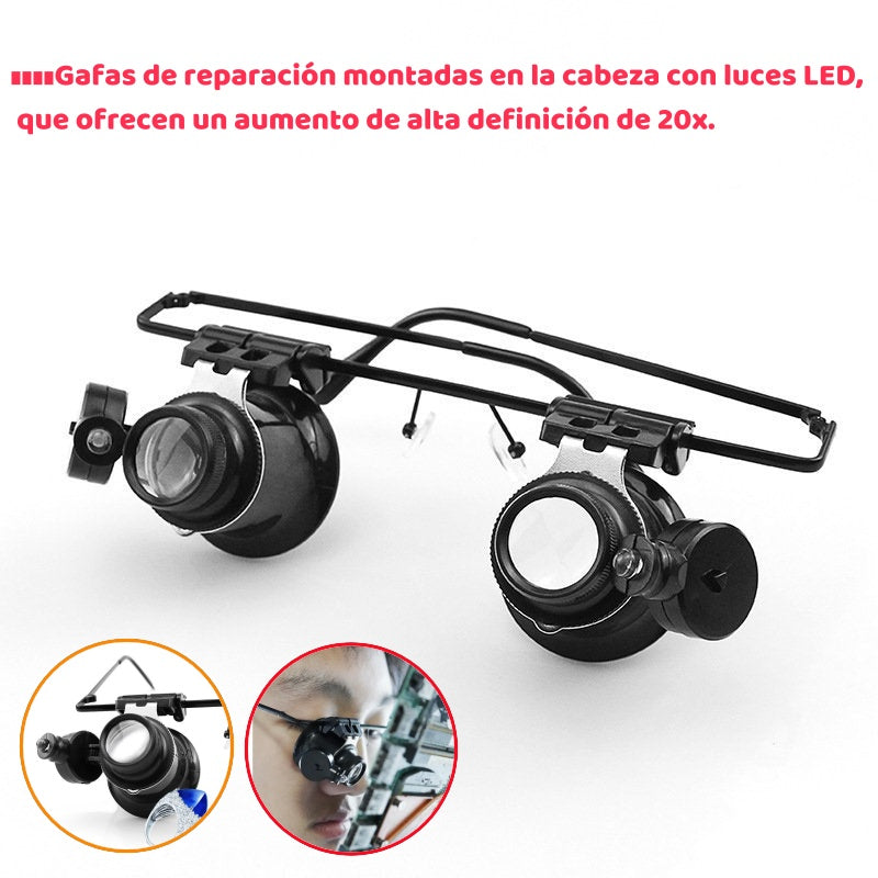 💡👓Gafas de reparación montadas en la cabeza con luces LED, que ofrecen un aumento de alta definición de 20x.