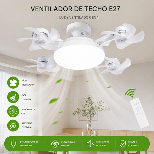 【50% de descuento en pedidos realizados hoy】Ventilador dron de cuatro aspas, bombilla E27 y mando a distancia