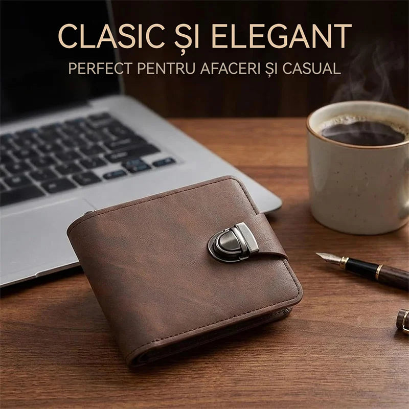 Cartera de piel auténtica para hombre: diseño retro con cremallera, compartimento para tarjetas y protección RFID.