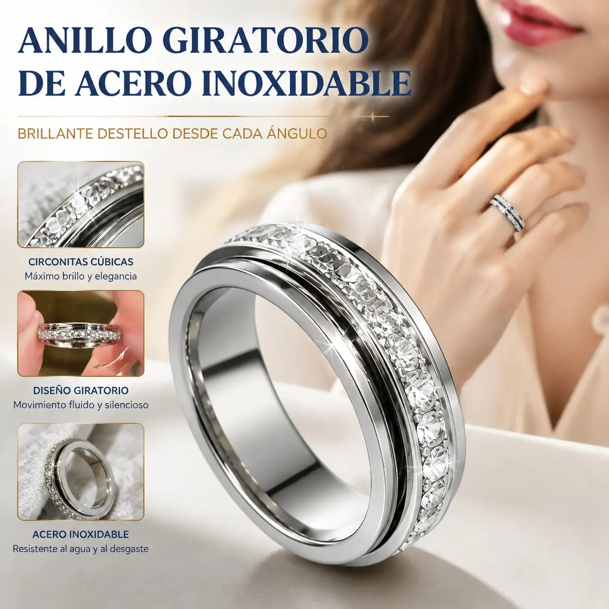 Anillo giratorio Rotation Bar en acero de titanio con circonita
