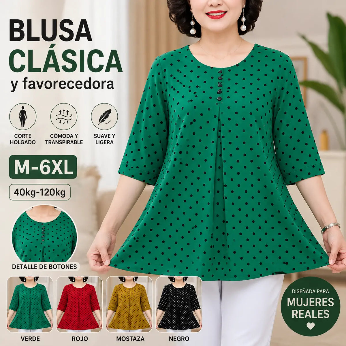 ❤️Camisa de manga corta con estampado de lunares de nuevo estilo✅Cubre la barriga y te hace lucir delgada✅Tela cómoda que no se decolora